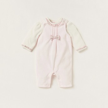 Juniors Solid T-shirt and Bow Detail Dungaree Set