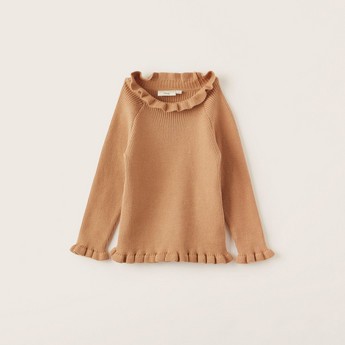 Juniors Solid Pullover with Long Sleeves and Ruffle Detailed Neck