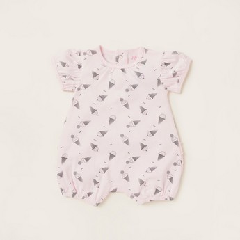 Juniors All-Over Printed Romper with Short Sleeves and Frill Detail