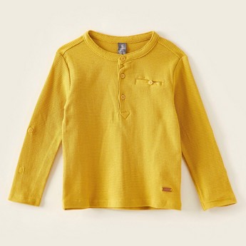 Giggles Textured T-shirt with Mandarin Collar and Long Sleeves