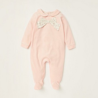 Giggles Solid Closed Feet Sleepsuit with Long Sleeves and Bow Detail