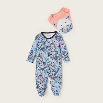 Juniors Floral Print Closed Feet Sleepsuit and Bib Set