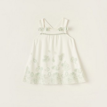 Giggles Printed Sleeveless Dress with Bow Accent and Lace Detail