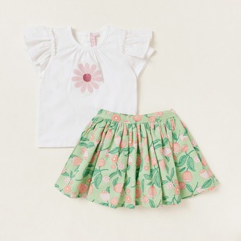 Juniors Floral Print Round Neck T-shirt and Skirt Set