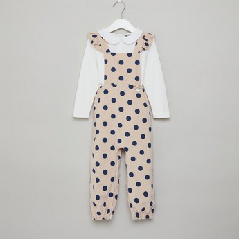 Giggles Solid Long Sleeves T-shirt with Polka Dot Print Dungarees