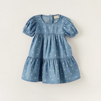 Juniors All-Over Heart Print Dress with Short Sleeves