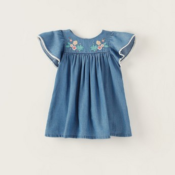 Juniors Floral Embroidered Dress with Cap Sleeves