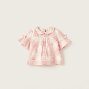 Giggles Checked Blouse with Short Sleeves and Bow Detail