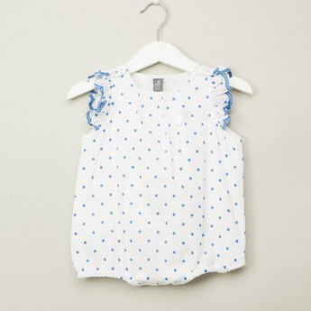 Giggles Polka Dot Print Romper with Round Neck and Frill Cap Sleeves