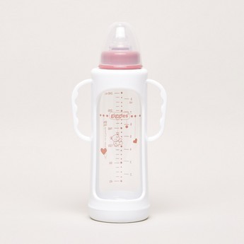 Giggles Printed Glass Feeding Bottle with Cover - 240 ml