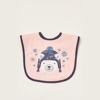 Juniors Peach Bear Embroidered Terry Bib with Snap Closure