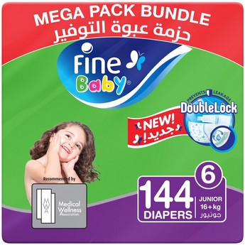 Fine Baby Green Size 6, Mega 144-Piece Diaper Pack - 16+ kgs