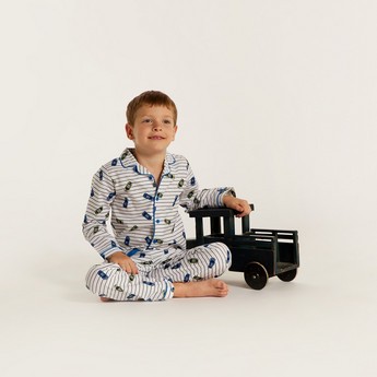 Juniors Car Print Shirt and Full Length Printed Pyjama Set