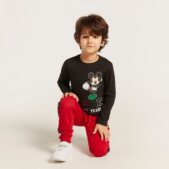 Disney Mickey Mouse Print Round Neck T-shirt with Long Sleeves