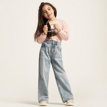 Juniors Solid Denim Pants with Pockets and Button Closure