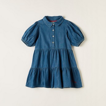 Lee Cooper Solid Tiered Dress with Collared Neck and Puff Sleeves