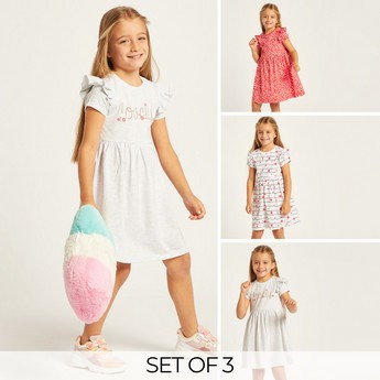 Juniors Printed Round Neck Dress with Short Sleeves - Set of 3