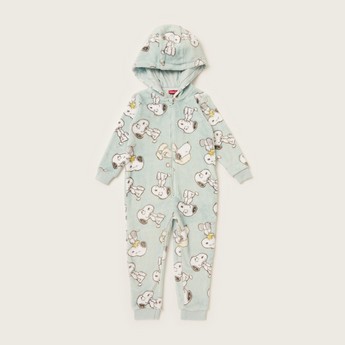 All-Over Snoopy Print Hooded Onesie with Long Sleeves and Zip Closure