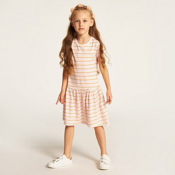 Juniors Striped Drop Waist Dress with Round Neck and Short Sleeves