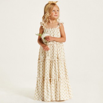 Polka Dot Print Sleeveless Tiered Dress with Frill Detail