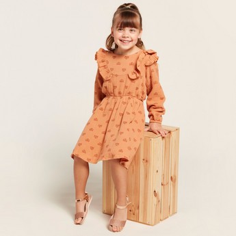 Love Earth All-Over Print Organic Dress with Long Sleeves and Frill Detail