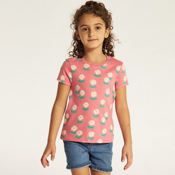 Juniors Floral Print Round Neck T-shirt with Short Sleeves