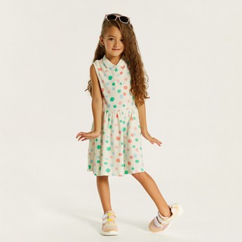 Juniors Printed Sleeveless Polo Dress with Button Closure