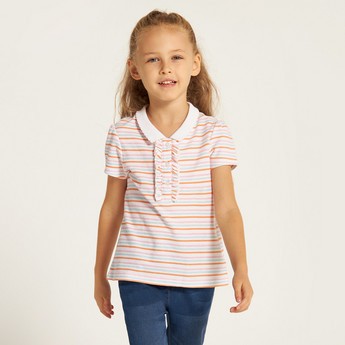 Juniors Striped Polo T-shirt with Ruffles and Short Sleeves