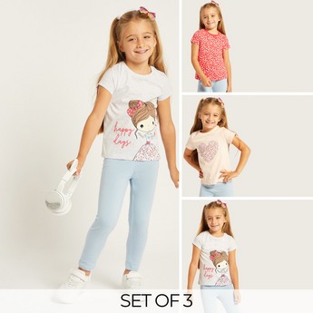 Juniors Printed Round Neck T-shirt with Short Sleeves - Set of 3