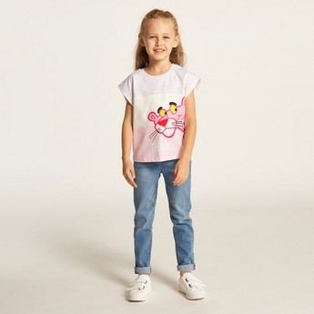 Pink Panther Print T-shirt with Extended Sleeves and Round Neck