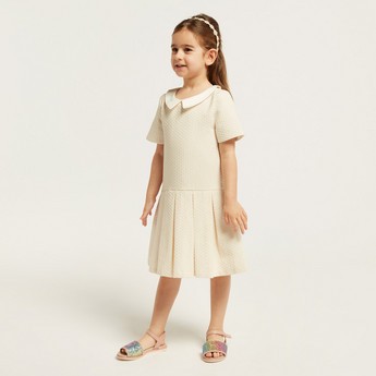 Textured Pleated Dress with Peter Pan Collar and Short Sleeves