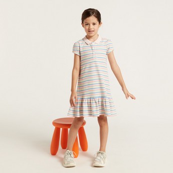 Juniors Striped Tiered Dress with Short Sleeves and Polo Neck