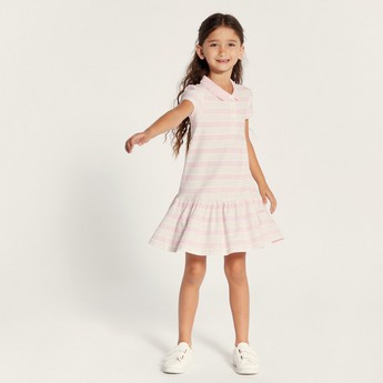 Juniors Striped Polo Dress with Cap Sleeves and Button Closure