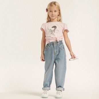 Juniors Solid Denim Pants with Pockets and Elasticated Waistband