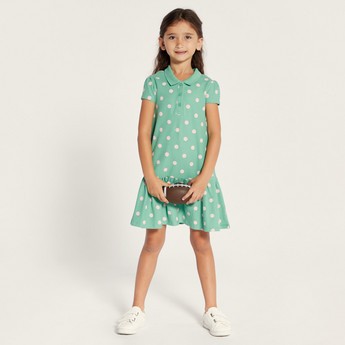 Juniors Polka Dot Print Polo Dress with Short Sleeves