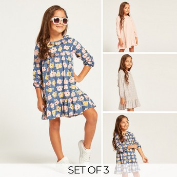 Juniors Printed Knit Dress with Long Sleeves - Set of 3