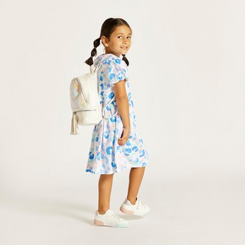 Juniors Printed Dress with Peter Pan Collar and Button Closure