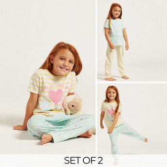 Juniors Printed Round Neck T-shirt and Pyjamas - Set of 4