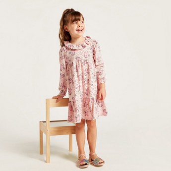 Juniors All-Over Printed Dress with Long Sleeves