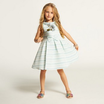 Juniors Striped Sleeveless A-line Dress with Bow Accent