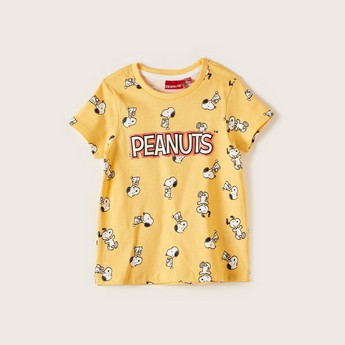 Peanut Print Crew Neck T-shirt with Short Sleeves