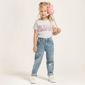 Juniors Solid Denim Pants with Pockets and Button Closure