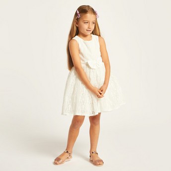 Juniors Lace Detail Sleeveless Dress with Bow Accent and Zip Closure