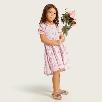 Hello Kitty Print Tiered A-line Dress with Round Neck and Short Sleeves