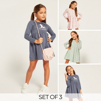 Juniors Printed Knit Dress with Long Sleeves - Set of 3