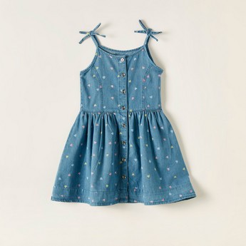 Juniors Heart Print Sleeveless Dress with Button Closure