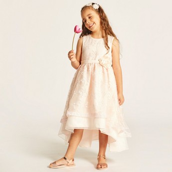 Juniors Embroidered Sleeveless Dress with Floral Accent