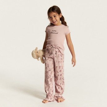 Juniors Embroidered Round Neck T-shirt and Full Length Printed Pyjama Set