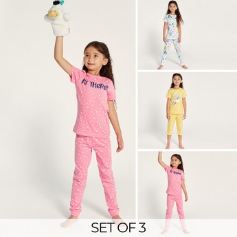 Juniors Printed Short Sleeve T-shirt and Pyjama Set - Set of 3