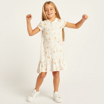 Juniors Printed Polo Dress with Flounce Hem and Short Sleeves